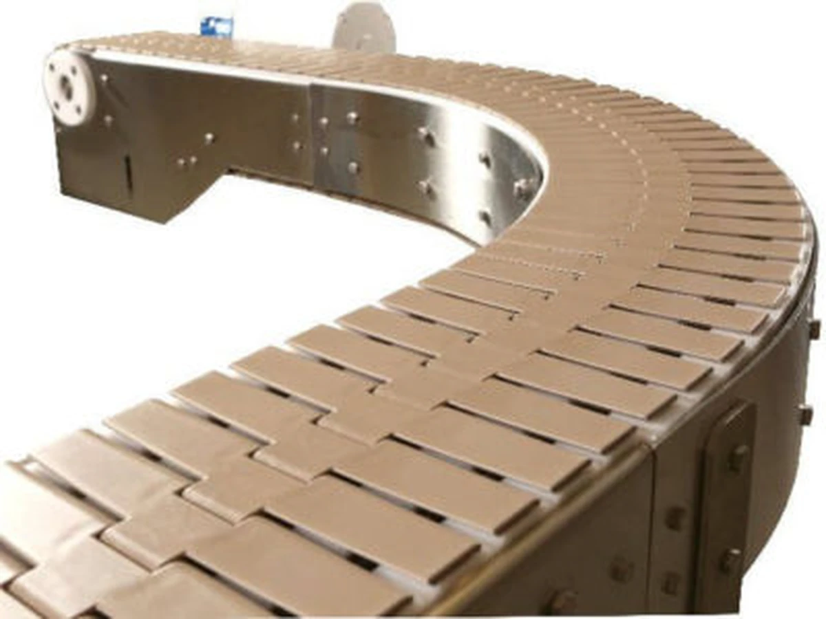 Table Top Chain Conveyor Belting — curved brown plastic table top chain belt